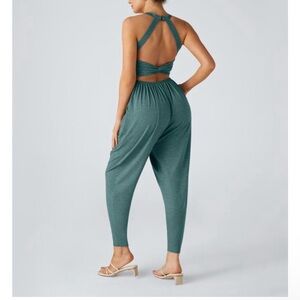 HALARA Teal Open-Back Cross-Strap Jumpsuit